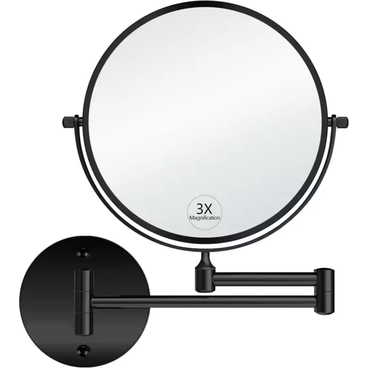 Espejo de aumento de pared con brazo giratorio de doble cara, espejo de tocador de maquillaje telescópico negro, espejo de mano con aumento de 8 pulgadas y base redonda - 1