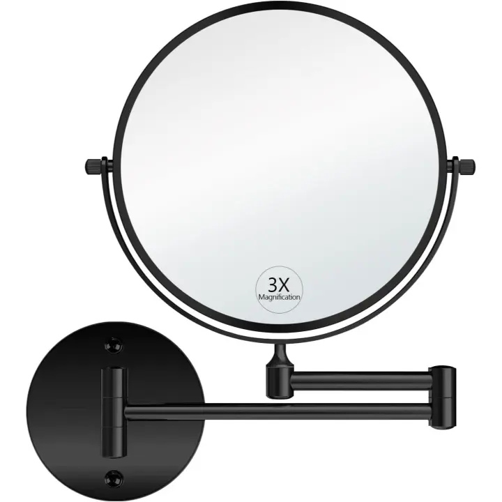 Espejo de aumento de pared con brazo giratorio de doble cara, espejo de tocador de maquillaje telescópico negro, espejo de mano con aumento de 8 pulgadas y base redonda - 1