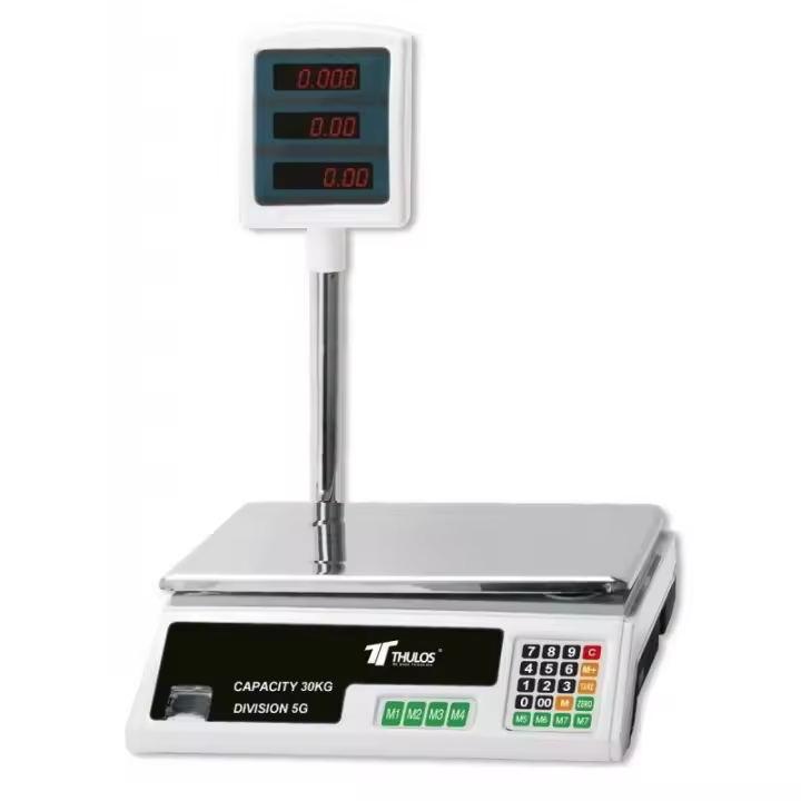 Balanza digital electrónica Thulos TH-BD30 - Capacidad máxima hasta 30 Kg, 8 Memorias, 3 Pantallas LCD (Peso, Precio unitario, Precio total), Batería recargable - 1