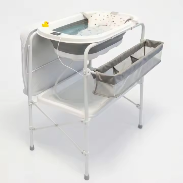 BATHBY Bañera bebé con patas Multifuncional 5 en 1 · Plegable con Soporte · Cambiador · Termómetro · Bandejas Organizadoras · Desagüe con Tubo y Soporte para Ducha (Gris Standard) - 1