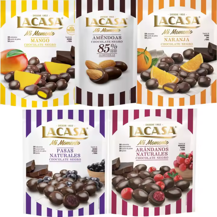Lacasa Mi Momento pack de 5:Almendra 85% 65G,Arándano choco Negro 125G,Pasas choco Negro 150G,Naranja choco Negro 125G,Mango choco Negro 115G - 1