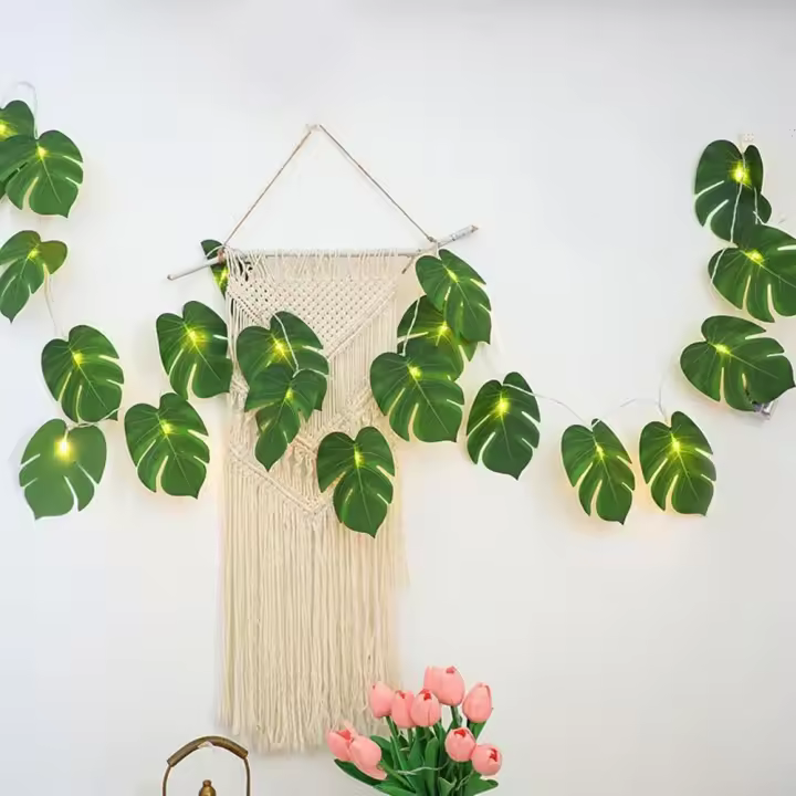 Cadena de luces LED con hojas de Monstera de 20 LED, hojas de palmera tropicales artificiales para colgar en la pared con luces, decoración para fiestas hawaianas, barbacoas, temáticas de playa - 1