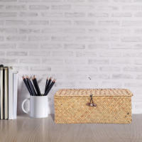 Cesta De Almacenamiento Natural De Hierba De Mar Rectangular Tejida Con Tapas Organizador De Escritorio Caja De Almacenamiento - details 2
