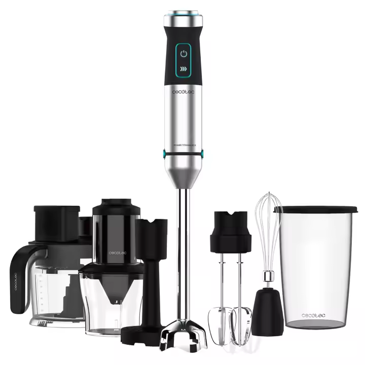 Batidora de mano Cecotec Power TitanBlack 1500 XL TotalMix. Potencia 1500 W, Cuchillas 4 hojas con recubrimiento titanio, Pie XL, Campana antisalpicaduras, Velocidad ajustable, Función Turbo. Completo Set de Accesorios - 1