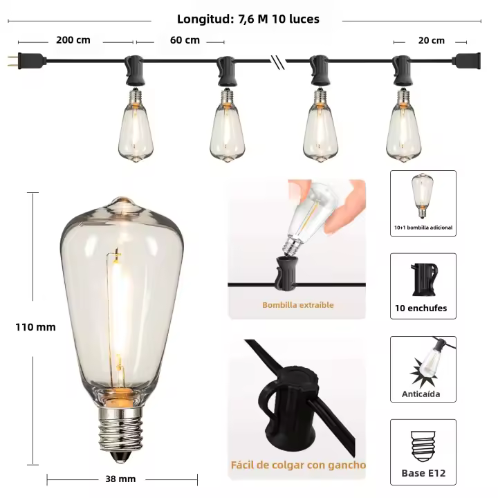 Luces De Cadena ST38 Para Exterior Guirnalda Conectable Inalámbrica LED De Plástico Resistente Al Agua Para Decoración De Jardín Y Patio Luz Faeira Disminuible - 1