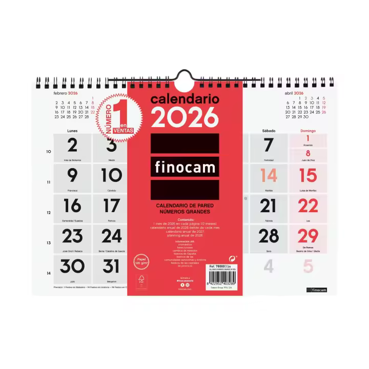 Finocam - Calendario Neutro de Pared Números Grandes 2026 Neutro Enero 2026 - Diciembre 2026 (12 meses) Español - 1