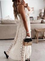 Vestido Bohemio Elegante De Mujer Con Encaje Y Diseño De Hombros Delgados Vestido De Verano Con Broche De Flor A-Line Midi Pullover Sin Mangas V-Neck - details 1