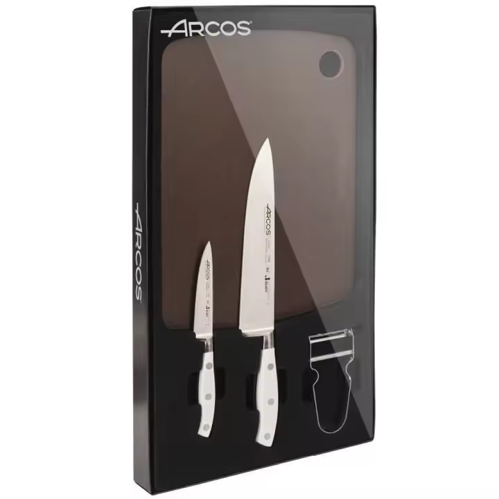ARCOS Riviera Blanc - Set 2 Cuchillos de Cocina (100 & 200 mm) + Tabla de Corte (300 x 230 mm) + Pelador - Hoja de Acero Inoxidable Forjado Nitrum® - Mango Blanco de Polioximetileno (POM) - Estuche Regalo - 1