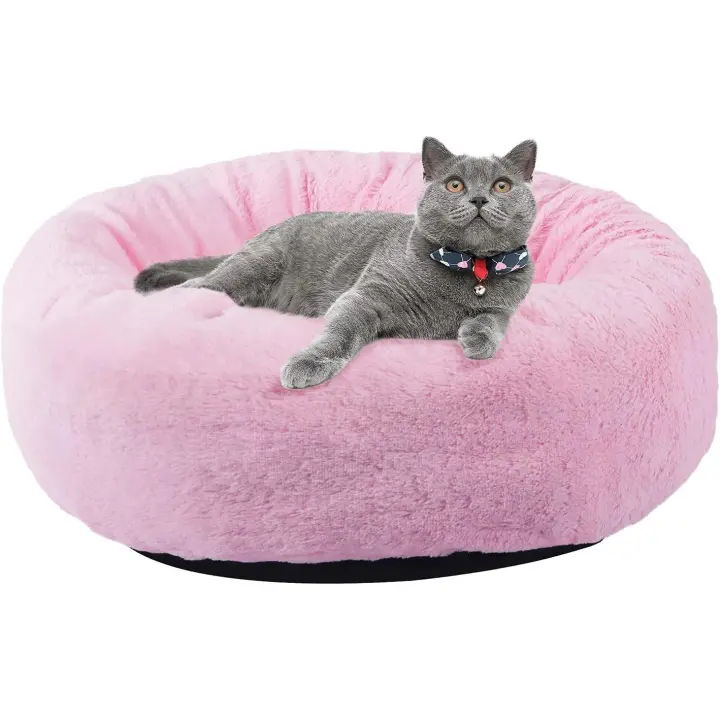 Anti Stress Cat Basket Bed for Kitten Soft Fluffy Cushion Basket Bed for Cat and Small Dog XH029 (L, Pink) - 1