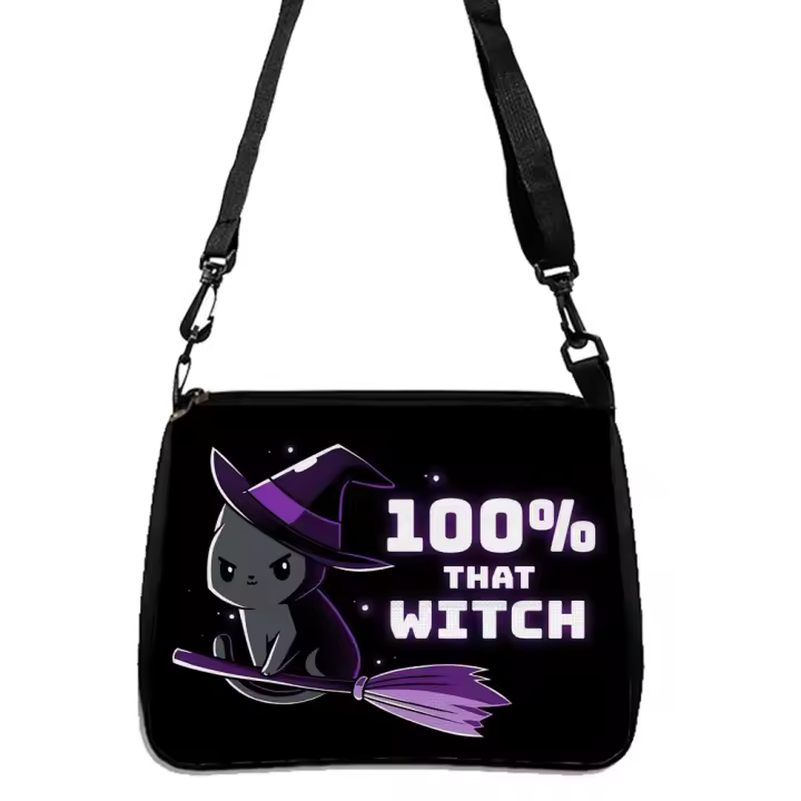 Bolso De Hombro Gótico Con Estampado De Gato Tamaño Small Cuadrado Versátil Para Halloween Material De Lino Y Poliéster Cierre De Cremallera Unisex - 1