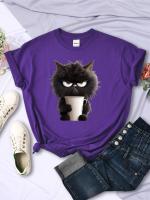Camiseta Kawaii Para Mujer Con Estampado De Gato Negro Y Taza De Papel Cuello Redondo Transpirable Suave Verano Ropa De Calle - details 5
