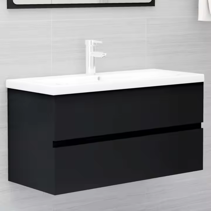 vidaXL Armario para lavabo madera contrachapada 90x38,5x45 cm en color Negro/Blanco brillante/Gris sonoma y más | almacenamiento funcional diseño moderno para baño dormitorio sala - 1