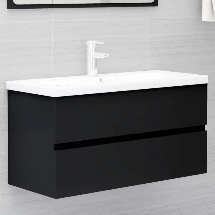 vidaXL Armario para lavabo madera contrachapada 90x38,5x45 cm en color Negro/Blanco brillante/Gris sonoma y más | almacenamiento funcional diseño moderno para baño dormitorio sala - 1