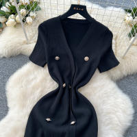 Vestido Tejido REALEFT 2025 Para Mujer Verano Cuello En V Corto Manga Metálico Botones Cintura Alta A-Line Longitud Media - details 6