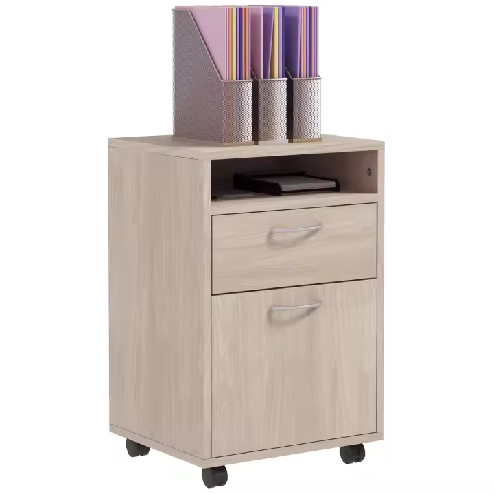 HOMCOM Mueble de oficina con ruedas, mueble de almacenaje móvil, con cajón, armario y nicho, para documentos y archivador colgante, 40 x 35 x 60 cm, roble - 1