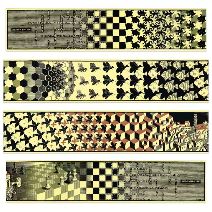 Panel decorativo de Arte Moderno, Listado para Colgar. ESCHER-Metamorfosis II, 1940 (4 Paneles MDF)-Cm 100x22 - 1