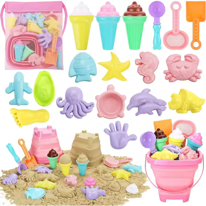 Juego De Juguetes De Playa Para Niños Y Niñas 20 Piezas Cesta De Malla Con Bote Y Cuchara De Arena Molde De Hielo Set De Juguetes De Arena Collapsible Para Viajes - 1
