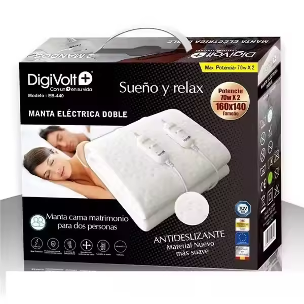 Manta Eléctrica Doble DigiVolt+ EB - 400: Potencia de 70wX2 para Calor Instantáneo y Uniforme, Tamaño 160x140cm Ideal para Camas Matrimoniales, Certificación TUV para Seguridad Total, Material Antideslizante y Suave para una Noche de Sueño Ininterrumpida - 1