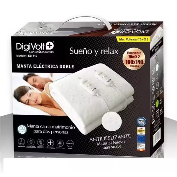 Manta Eléctrica Doble DigiVolt+ EB - 400: Potencia de 70wX2 para Calor Instantáneo y Uniforme, Tamaño 160x140cm Ideal para Camas Matrimoniales, Certificación TUV para Seguridad Total, Material Antideslizante y Suave para una Noche de Sueño Ininterrumpida - 1