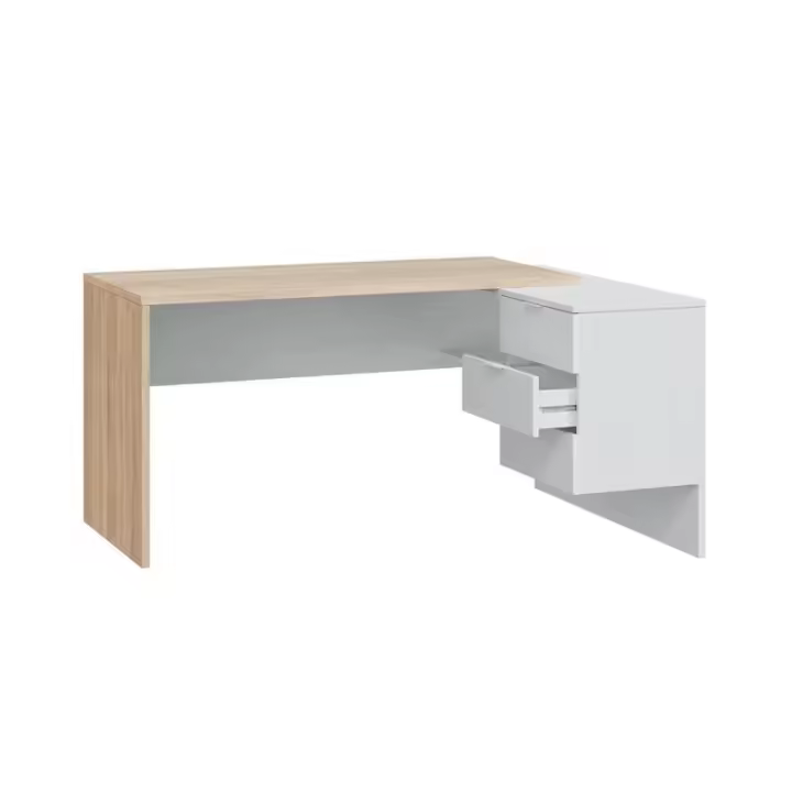 Meimon Mesa de despacho OFFICE reversible con buc integrado de 3 cajones y hueco, guías metálicas, tiradores de aluminio blancos, tacos ABS antirayas, en acabado Roble Canadian y Blanco Artik, 145x102x73 cm, capacidad máxima 25 kg - 1