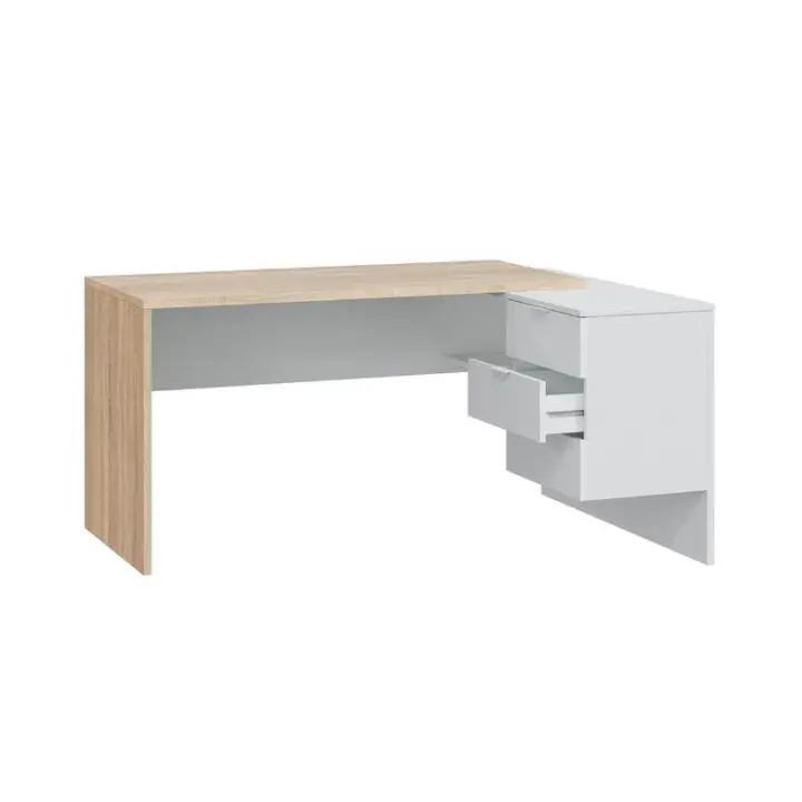 Meimon Mesa de despacho OFFICE reversible con buc integrado de 3 cajones y hueco, guías metálicas, tiradores de aluminio blancos, tacos ABS antirayas, en acabado Roble Canadian y Blanco Artik, 145x102x73 cm, capacidad máxima 25 kg - 1