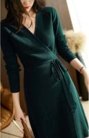 Vestido De Mujer Otoño Invierno Suéter Elegante Abrazado a La Cintura V-cuello A-Line Midi De Poliéster Tratamiento De Corte De Trenza Elegante Ropa Oficina Lady - details 5