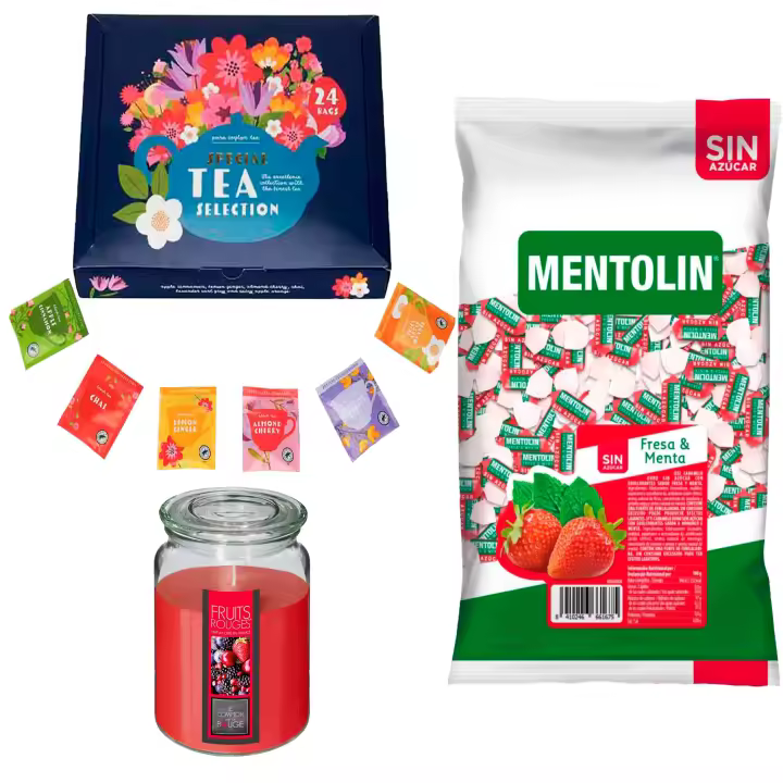 Pack surtido: MENTOLIN FRESA MENTA S/A BOLSA 1KG + Vela perfumada de frutos rojos + Set de Te con 24 bolsitas con diferentes sabores y aromas - 1