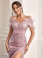Vestido De Noche Elegante Unithorse Con Hombros Fríos Y Rotura En La Pierna Decorado Con Lentejuelas Para Mujer - details 4