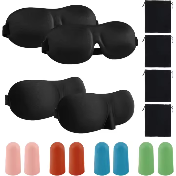 Lot de 4 masques de nuit doux bloquant la lumière, 4 paires de bouchons d'oreilles pour la réduction du bruit, protection des yeux avec 4 sacs en velours, masque pour les yeux opaques pour les pauses, - 1