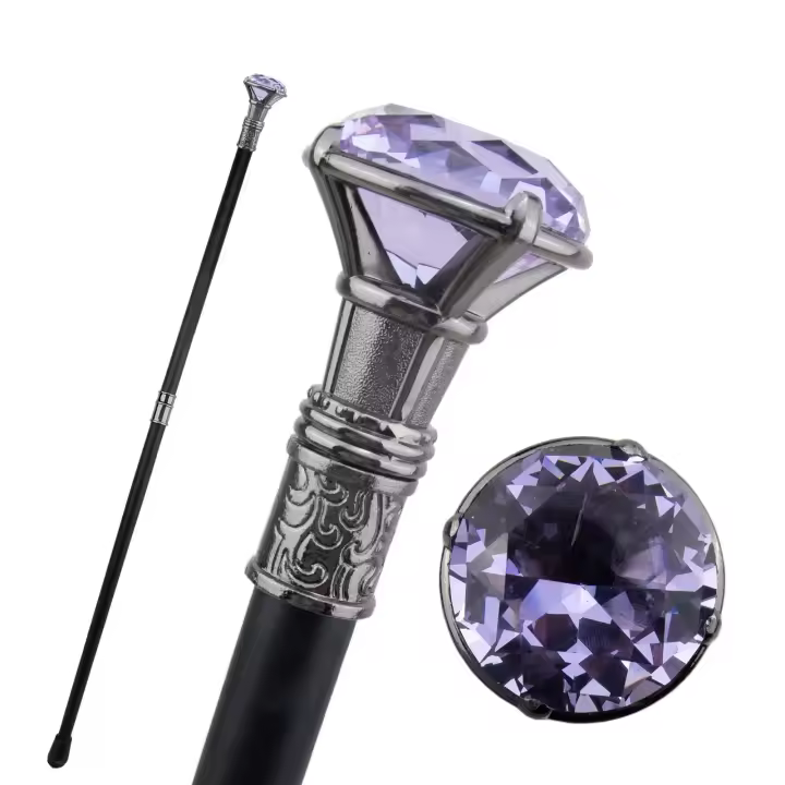Bastón De Moda Diamante Morado Plata Elegante Para Caballeros Cosplay 93cm Punta De Goma Mango Sólido Material De Acero - 1