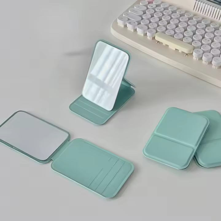 Espejo De Maquillaje Portátil De PU De Color Sólido Espejo Compacto Plegable Para Estudiantes Espejo De Bolsillo Lindo - 1