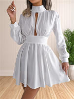 Vestido Mini De Cuello Alto Manga Larga Casual Para Mujer Vestido Swing Con Agujeros Ajuste Regular Polyester Estilo Sexy Y Club - details 2