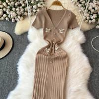 Vestido Largo Elegante Tejido Para Mujer Verano V Cuello Suelto Botones Bodycon Midi Fiestas Oficina Vestidos De Mujer - details 18