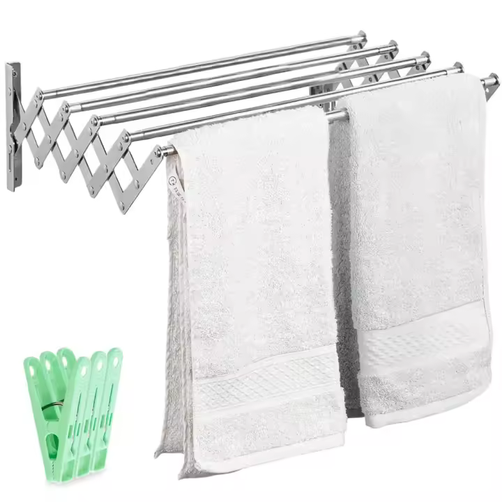 JUPPLIES Tendedero Extensible 100/120/140/160cm - Tendedero Plegable de Pared de Interior o Exterior Apto para Todo Tipo de Ropa con 5 Barras de Secado - Pinzas Incluidas - 1