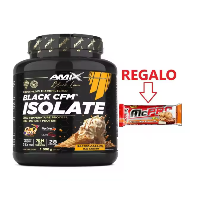 Amix - Proteínas BLACK CFM ISOLATE SABOR CARAMELO SALADO 1 KG + BARRITA PROTEICA REGALO AMIX  - Naturales de Alta Calidad para Deportistas - 1