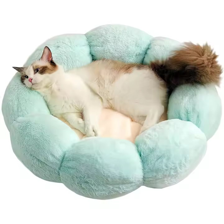 Cama Gatos Invierno - 50CM Cámaras Redonda Antiésters Doughnut Camita Perros Pequeños y Median Cuna Nido Perro Pequeño Tejido Sweatshirt Suave Confortable lavable Cojin Cloud fur Flor Azul y Blanca - 1
