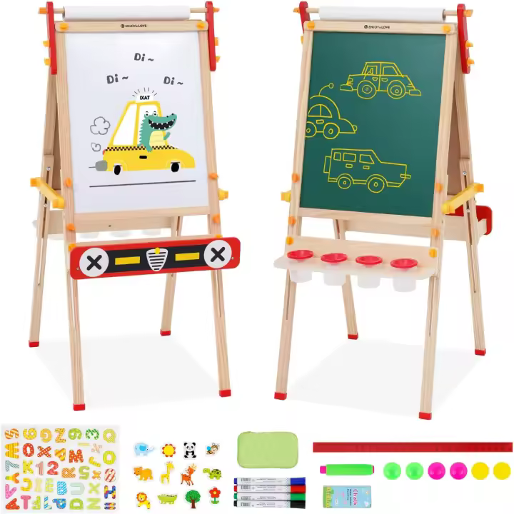 Caballete Infantil de Madera con Pizarra, Altura 80CM a 107CM, Caballete de Arte Infantil, Dibujo de Doble Cara Plegable Pizarra Blanca y Verde, Caballete de Arte de Altura Ajustable con Números, Caballete de pie con números, Otros Accesorios para niños - 1
