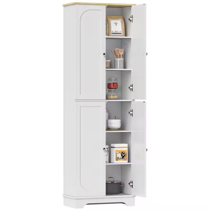 HOMCOM Alacena de Cocina Armario de Cocina Mueble Auxiliar de Cocina con 4 Puertas y Estantes Ajustables para Comedor Salón 60x30x183 cm Blanco - 1