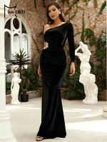 Vestido De Noche Elegante De Veludo Negro Con Diamantes Y Hombro Solo Para Mujer Vestido Slim Para Fiesta De Premiación Y Eventos Elegantes - details 6