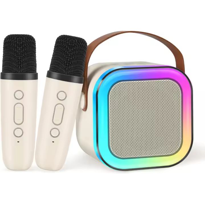 FGNS Máquina de Karaoke para adultos y niños, con 2 Micrófonos Inalámbricos, Altavoz Karaoke Portátil con Luz LED y Efectos de Cambio de Voz, Mini Altavoz Bluetooth portátil con 2 micrófono, luces Led para fiesta en casa, regalos de cumpleaños. - 1