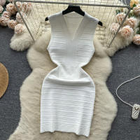 Vestido Bodycon Sin Mangas De Cuello V Blanca Para Mujer REALEFT Elegante Y Casual De Verano Con Ajuste Corporal Mini - details 14