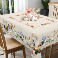 Mantel De Poliéster Retro Con Patrón De Gallo Hembra Y Pollo Decoración De Primavera Y Verano Para Casa Restaurante Café Estilo Campestre Lavable En Máquina Con Enfoscado En Borde - details 0