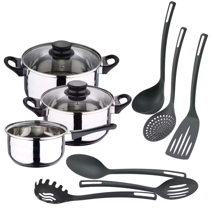 Well Home Juego de Batería de cocina de 8Pc en acero inoxidable + 6 Utensilios básicos de cocina en PBT negro - 1