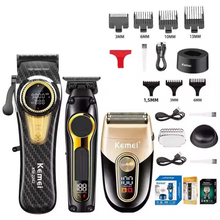Kit De Pelacabelos Recargable Kemei KM-2242 KM-2351 KM-3209 Profesional Con Cuchilla DLC Trimmer Eléctrico Para Hombres Barbería Sin Cable Corte Rápido Indicación De Carga - 1