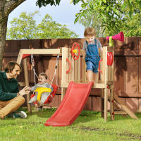 Outsunny Juego de Tobogán y Columpio para Niños de 18-48 Meses 4 en 1 Parque Infantil de Madera con Columpio Tobogán Volante Bocina Teléfono para Patio Césped 170x200x118 cm Rojo y Natural - details 1