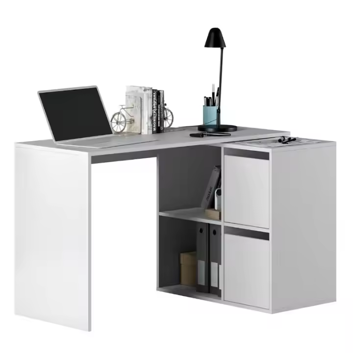 Meimon Mesa escritorio ADAPTA reversible con buc de 2 puertas y 2 huecos, opción de mesa rinconera, estructura de tablero melaminizado TIPO E1, cantos PVC, traseras MDF lacadas blanco, soporta hasta 25 kg, medidas 74x120x77 cm o 74x152x49 cm, Blanco Artik - 1