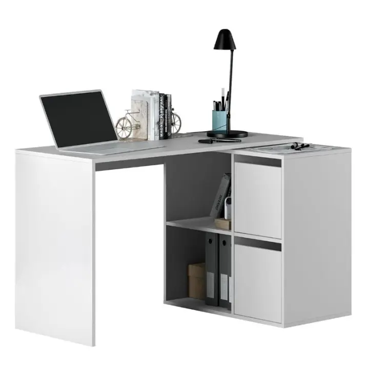 Meimon Mesa escritorio ADAPTA reversible con buc de 2 puertas y 2 huecos, opción de mesa rinconera, estructura de tablero melaminizado TIPO E1, cantos PVC, traseras MDF lacadas blanco, soporta hasta 25 kg, medidas 74x120x77 cm o 74x152x49 cm, Blanco Artik - 1