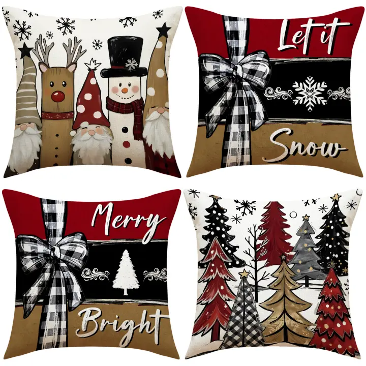 Conjunto de 4 Fundas Almohada Navidad, Otoño e Invierno Lino Impresión Cojín Combo para Sofá, Almohadas Decorativas - 1