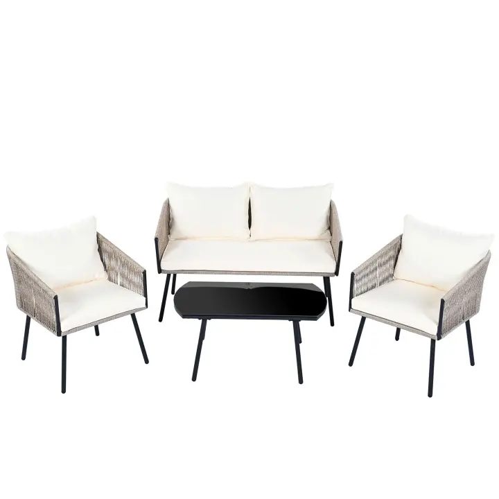 Juego de Muebles de Jardín, 4 Piezas Juego de Sofá Reclinables de Jardín, Sofá para 2 Plazas, 2 Sofás Individuales, Mesa de Café, Encimera de Vidrio, Diseño Minimalista, Acero Galvanizado, Beige - 1