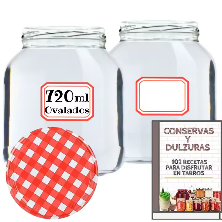 MundoTarros - Tarros de Cristal de 720 ml Ovalados con Tapa de Rosca Hermética de Metal + Ebook de 102 Recetas - Frascos para Conservas, Salsas, Mermelada, Puré - Incluye Etiquetas - 1